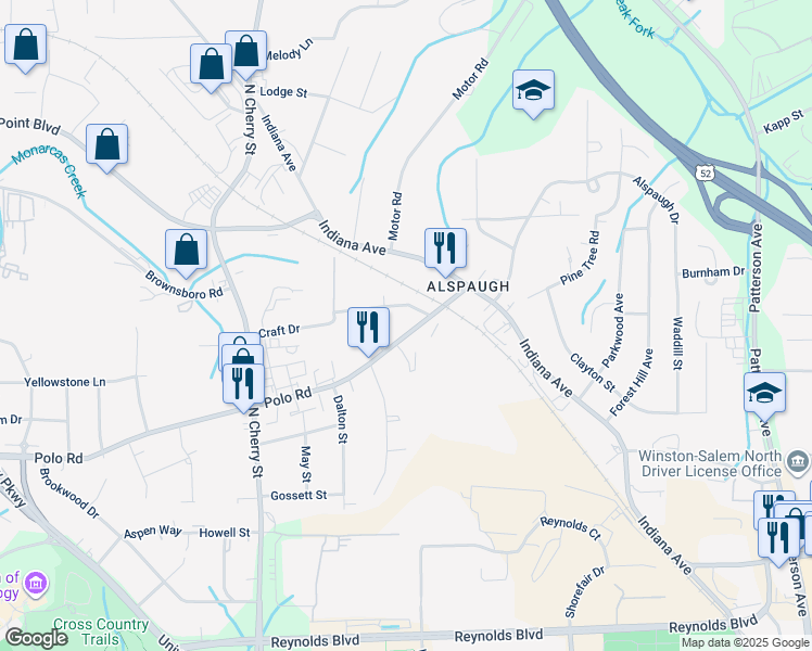 map of restaurants, bars, coffee shops, grocery stores, and more near 211 Polo Road in Winston-Salem