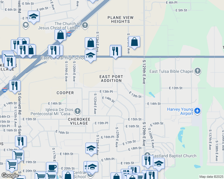 map of restaurants, bars, coffee shops, grocery stores, and more near 12355 East 13th Place in Tulsa