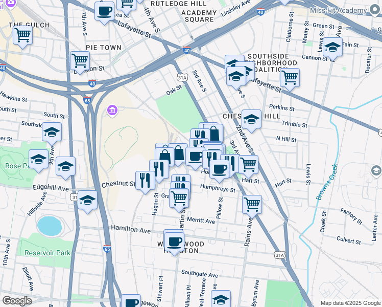 map of restaurants, bars, coffee shops, grocery stores, and more near 426 Chestnut Street in Nashville