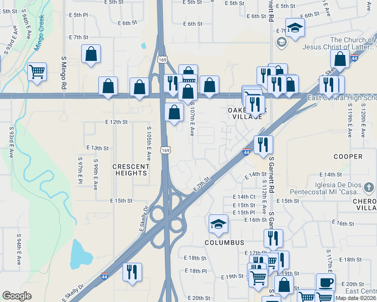 map of restaurants, bars, coffee shops, grocery stores, and more near 1304 South 107th East Avenue in Tulsa
