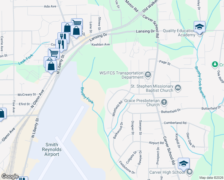 map of restaurants, bars, coffee shops, grocery stores, and more near 2825 Bainbridge Court Northeast in Winston-Salem
