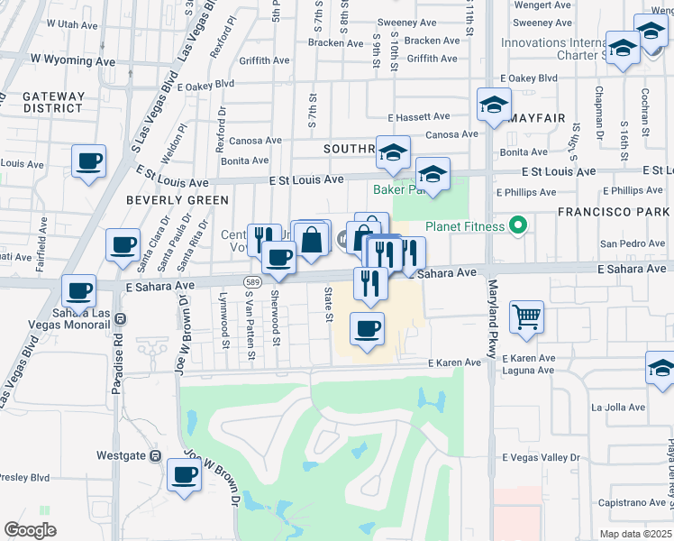 map of restaurants, bars, coffee shops, grocery stores, and more near 770 East Sahara Avenue in Las Vegas
