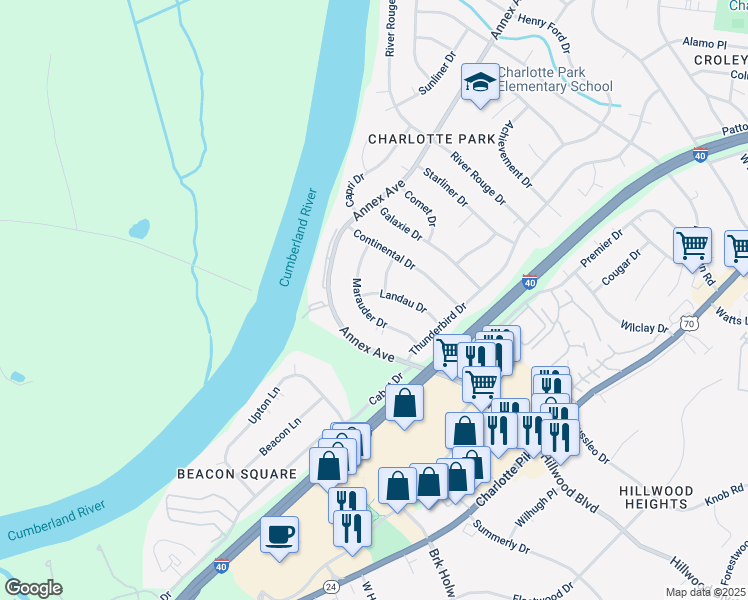 map of restaurants, bars, coffee shops, grocery stores, and more near 6544 Marauder Drive in Nashville