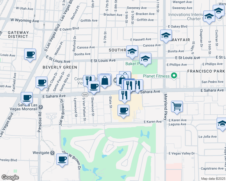 map of restaurants, bars, coffee shops, grocery stores, and more near 2516 State Street in Las Vegas