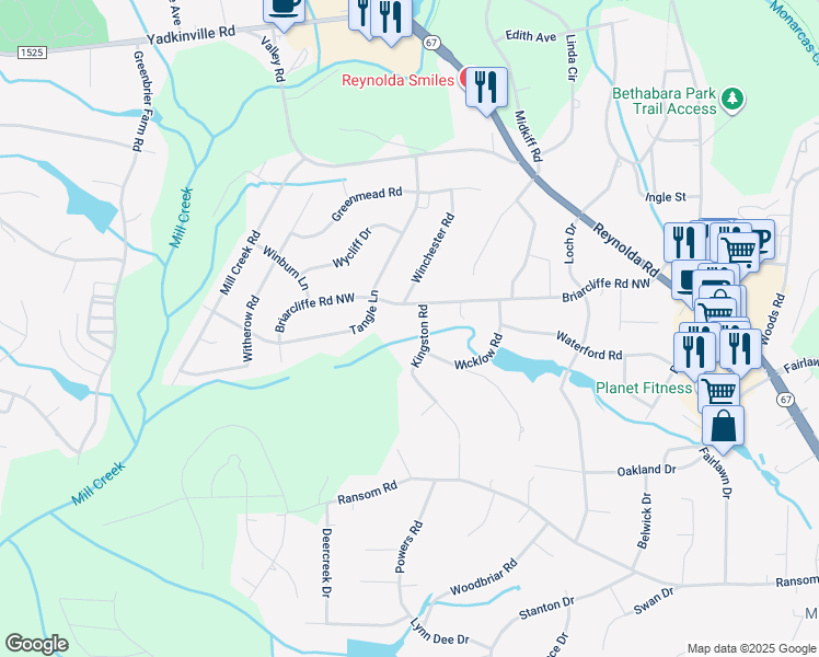 map of restaurants, bars, coffee shops, grocery stores, and more near 3626 Kingston Road in Winston-Salem