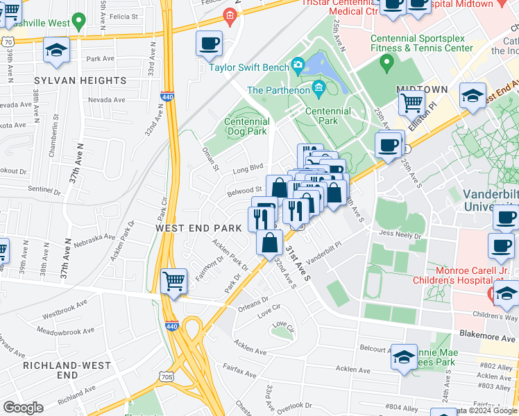 map of restaurants, bars, coffee shops, grocery stores, and more near 3102 West End Avenue in Nashville