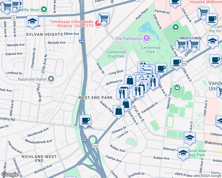 map of restaurants, bars, coffee shops, grocery stores, and more near 3114 West End Circle in Nashville
