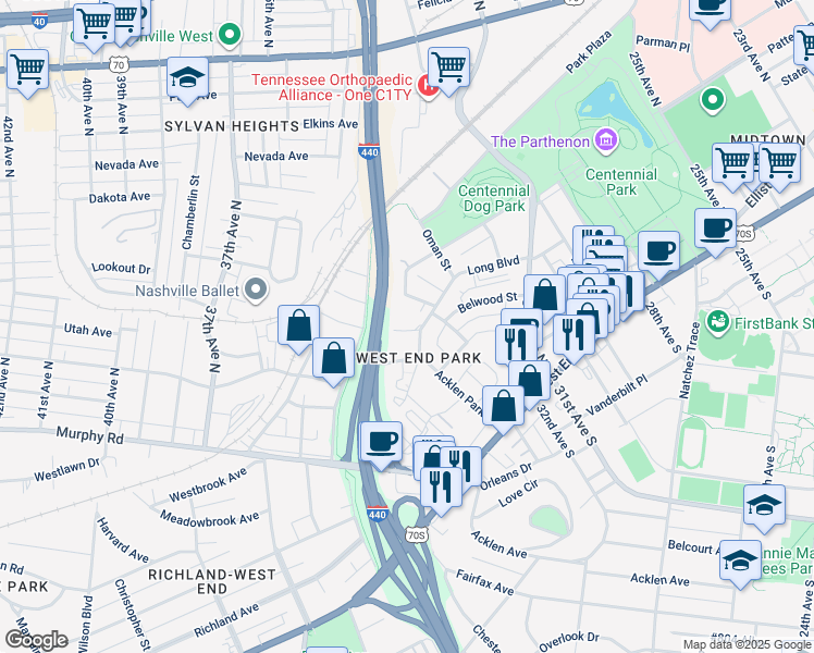 map of restaurants, bars, coffee shops, grocery stores, and more near in Nashville