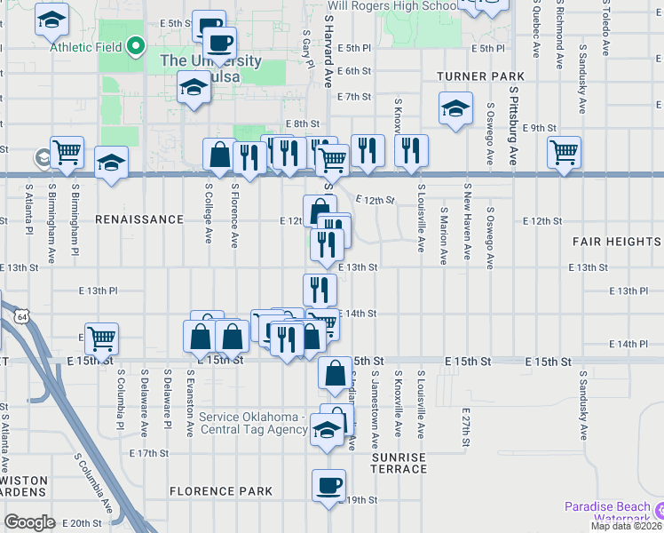 map of restaurants, bars, coffee shops, grocery stores, and more near 1301 South Harvard Avenue in Tulsa