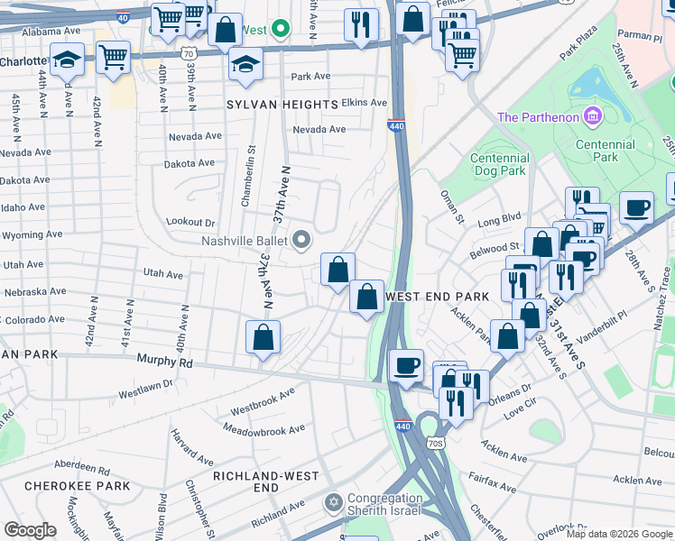 map of restaurants, bars, coffee shops, grocery stores, and more near 313 Sylvan Park Lane in Nashville