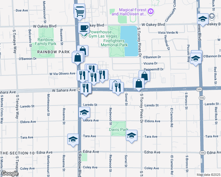 map of restaurants, bars, coffee shops, grocery stores, and more near Redwood Street in Las Vegas