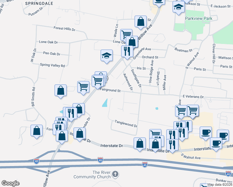 map of restaurants, bars, coffee shops, grocery stores, and more near 992 Emily Lane in Cookeville