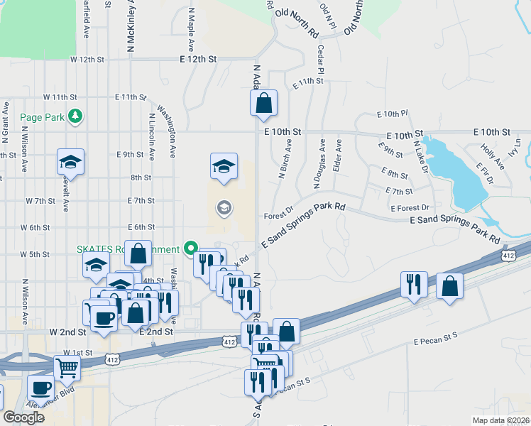 map of restaurants, bars, coffee shops, grocery stores, and more near 510 North Birch Avenue in Sand Springs