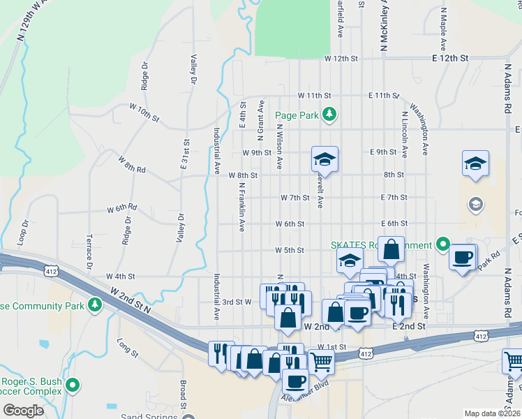 map of restaurants, bars, coffee shops, grocery stores, and more near 610 North Grant Avenue in Sand Springs
