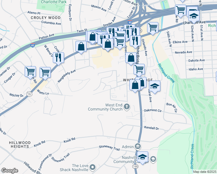 map of restaurants, bars, coffee shops, grocery stores, and more near 5800 Maudina Avenue in Nashville