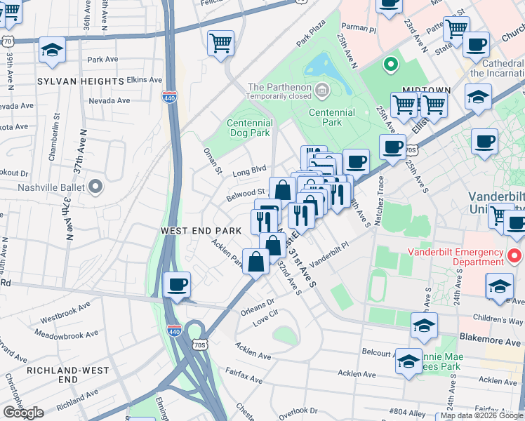 map of restaurants, bars, coffee shops, grocery stores, and more near 3100 West End Circle in Nashville