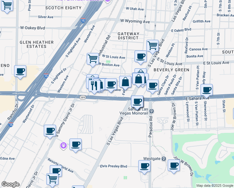 map of restaurants, bars, coffee shops, grocery stores, and more near 130 West Sahara Avenue in Las Vegas