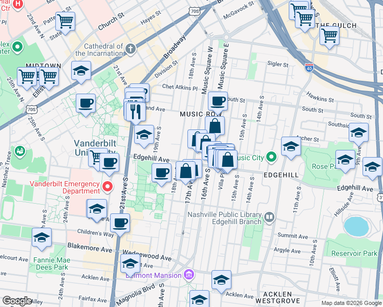 map of restaurants, bars, coffee shops, grocery stores, and more near in Nashville