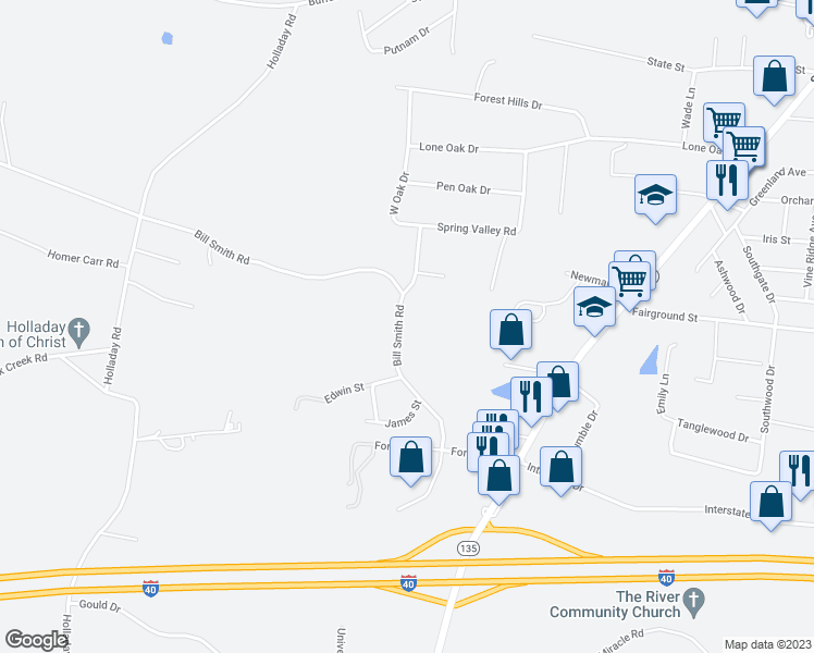 map of restaurants, bars, coffee shops, grocery stores, and more near 911 Bill Smith Road in Cookeville