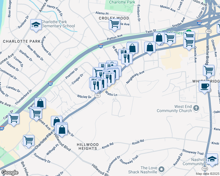 map of restaurants, bars, coffee shops, grocery stores, and more near 6339 Charlotte Pike in Nashville