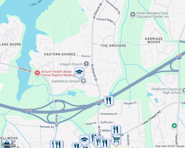map of restaurants, bars, coffee shops, grocery stores, and more near 1 Wimbledon Lane in Greensboro