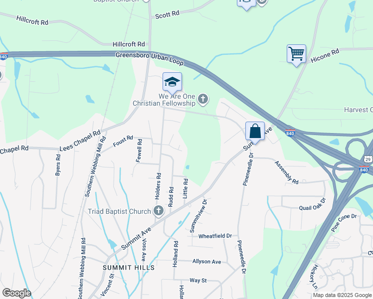 map of restaurants, bars, coffee shops, grocery stores, and more near 1915 Foust Road in Greensboro