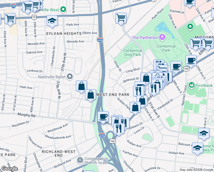 map of restaurants, bars, coffee shops, grocery stores, and more near in Nashville