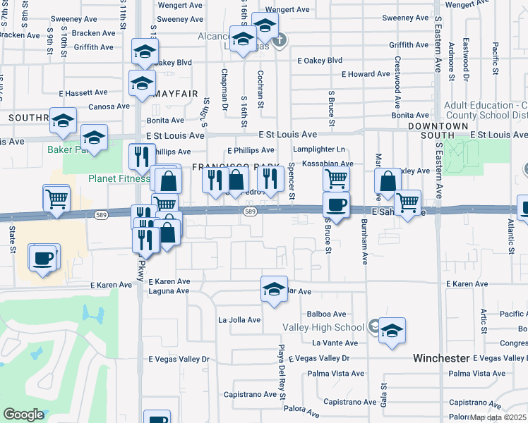map of restaurants, bars, coffee shops, grocery stores, and more near 1623 East Sahara Avenue in Las Vegas