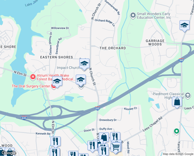 map of restaurants, bars, coffee shops, grocery stores, and more near 104 Arcaro Drive in Greensboro