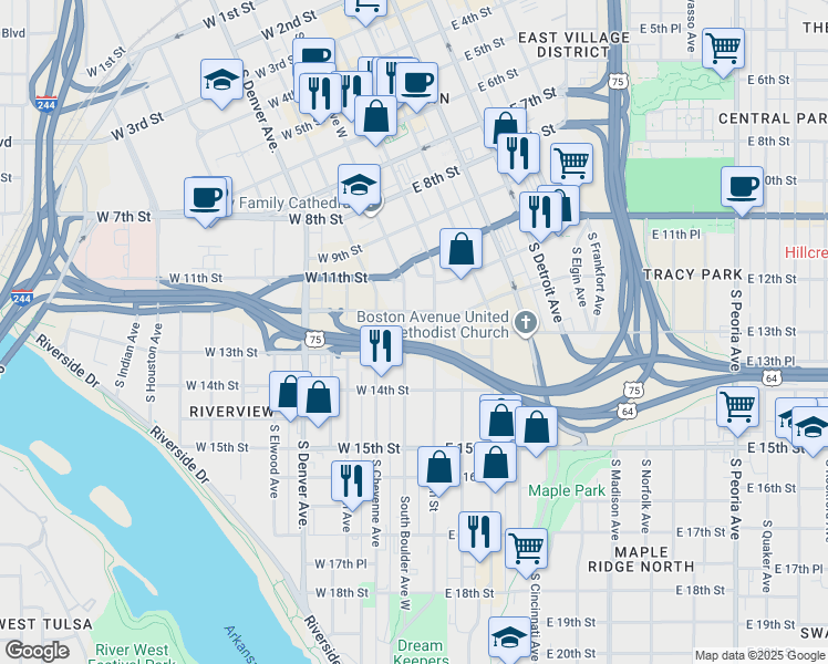 map of restaurants, bars, coffee shops, grocery stores, and more near 1215 South Boulder Avenue West in Tulsa