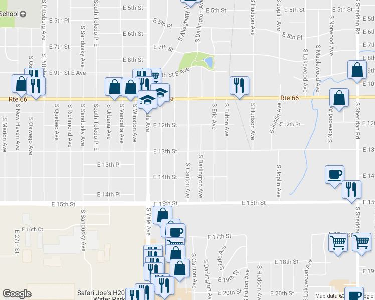 map of restaurants, bars, coffee shops, grocery stores, and more near 1246 North 9th Street in Tulsa