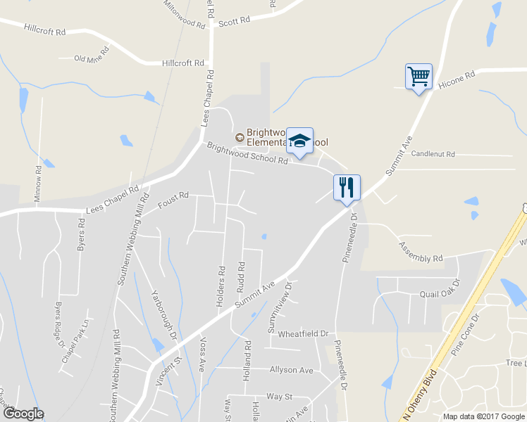 map of restaurants, bars, coffee shops, grocery stores, and more near 1915 Foust Road in Greensboro