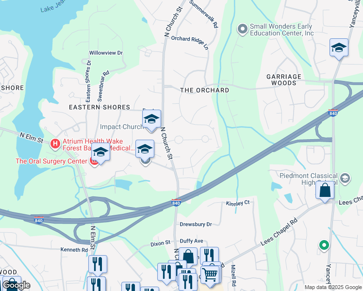 map of restaurants, bars, coffee shops, grocery stores, and more near 110 Arcaro Drive in Greensboro