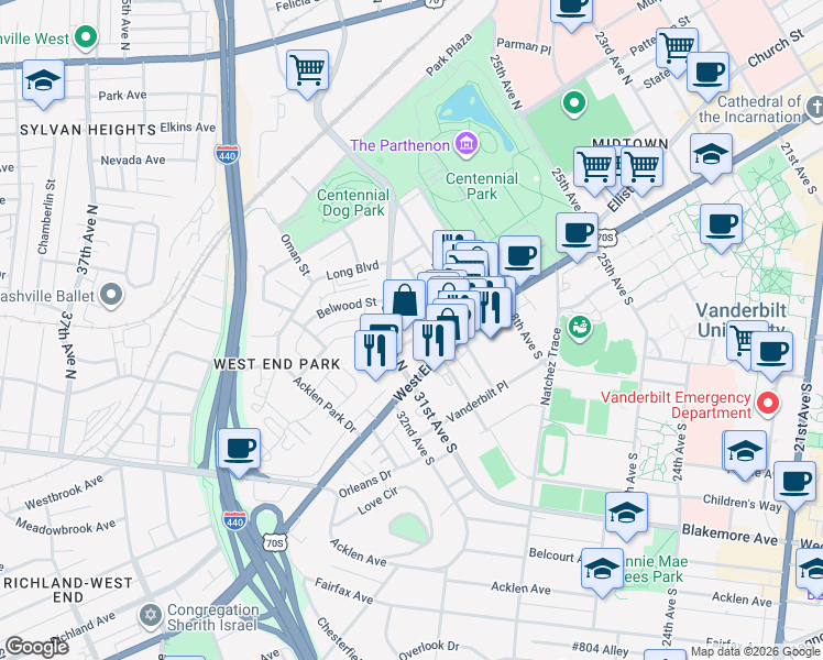 map of restaurants, bars, coffee shops, grocery stores, and more near 3014 Hedrick Street in Nashville