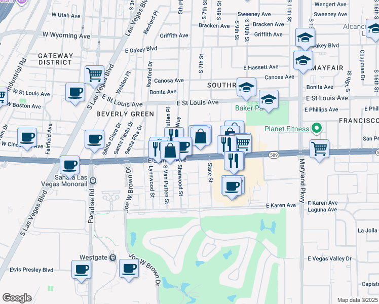 map of restaurants, bars, coffee shops, grocery stores, and more near 602 East Sahara Avenue in Las Vegas