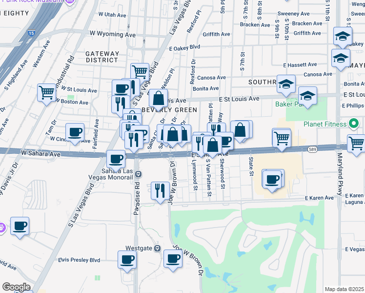 map of restaurants, bars, coffee shops, grocery stores, and more near 444 Nevada 589 in Las Vegas