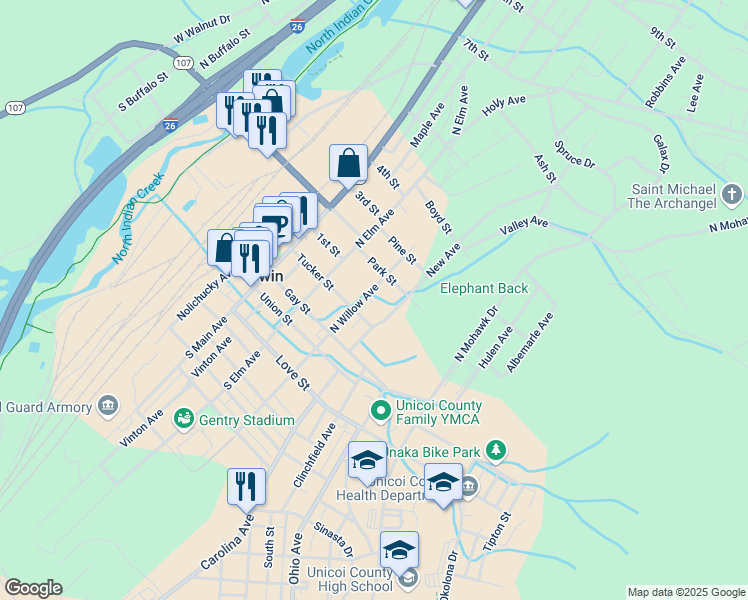map of restaurants, bars, coffee shops, grocery stores, and more near 223 New Avenue in Erwin