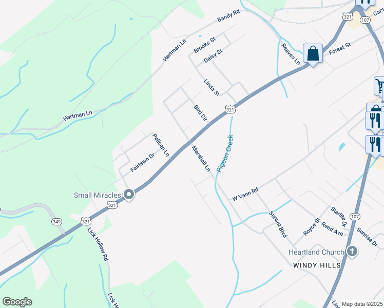 map of restaurants, bars, coffee shops, grocery stores, and more near 116 Marshall Lane in Greeneville