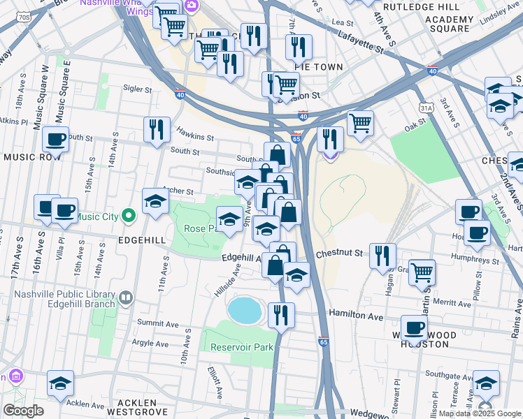 map of restaurants, bars, coffee shops, grocery stores, and more near 1019 8th Avenue South in Nashville