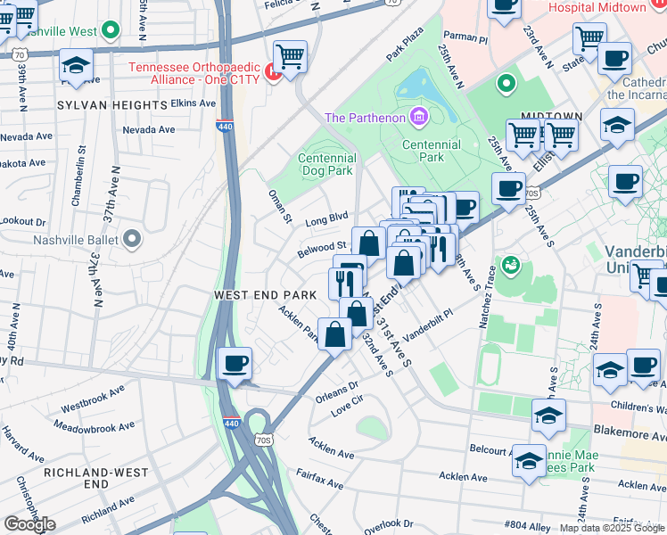 map of restaurants, bars, coffee shops, grocery stores, and more near 3102 West End Avenue in Nashville