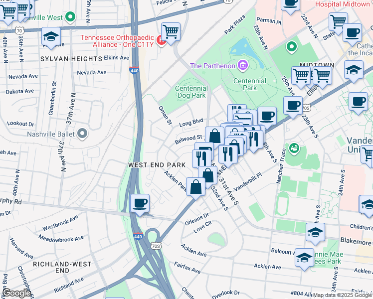 map of restaurants, bars, coffee shops, grocery stores, and more near 3114 West End Circle in Nashville
