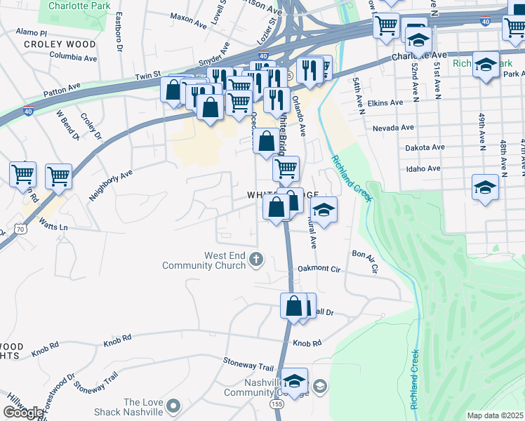 map of restaurants, bars, coffee shops, grocery stores, and more near 120 Oceola Avenue in Nashville