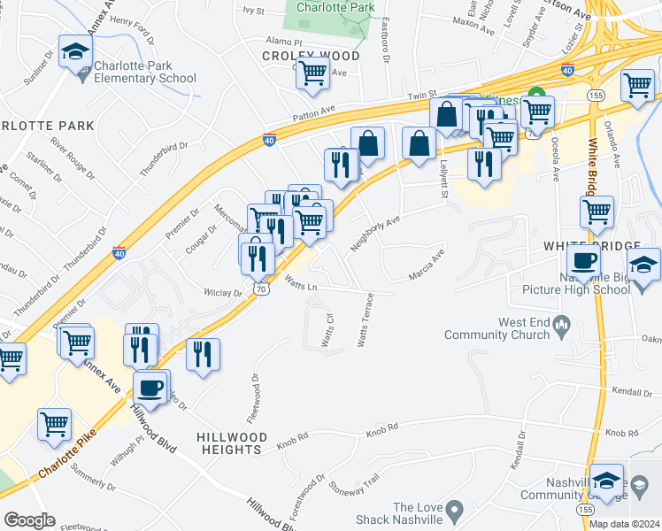 map of restaurants, bars, coffee shops, grocery stores, and more near 6315 Charlotte Pike in Nashville