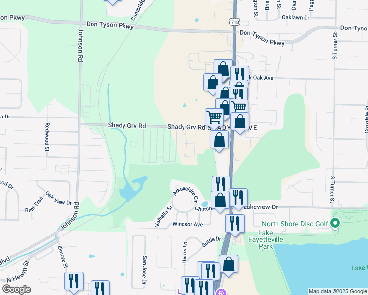 map of restaurants, bars, coffee shops, grocery stores, and more near 1901 West Shady Grove Road in Springdale