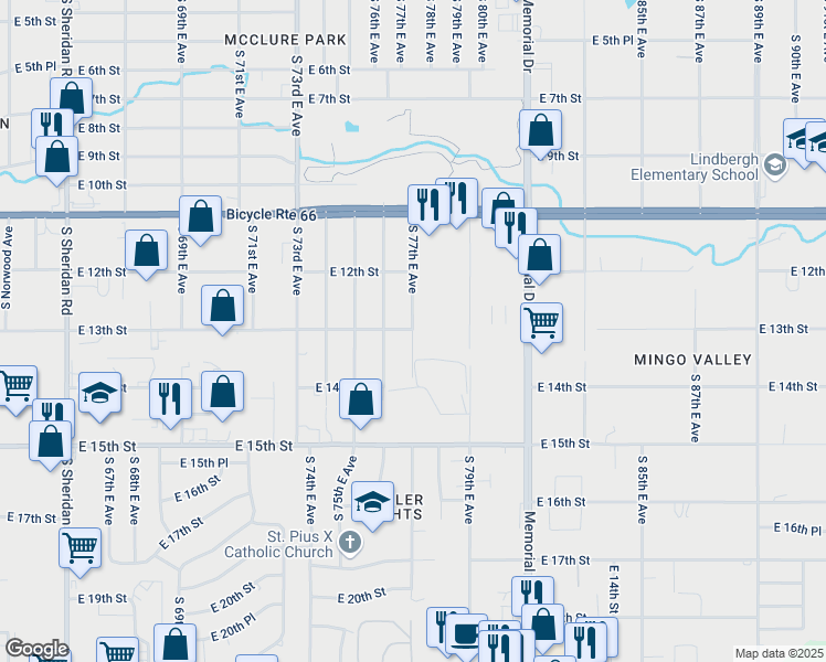 map of restaurants, bars, coffee shops, grocery stores, and more near 1307 South 77th East Avenue in Tulsa