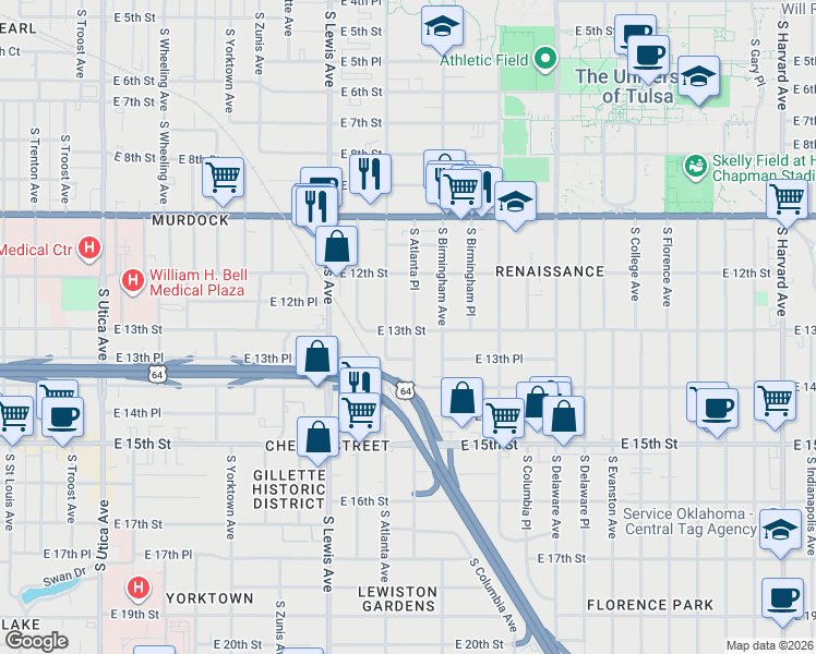 map of restaurants, bars, coffee shops, grocery stores, and more near 1302 South Atlanta Place in Tulsa