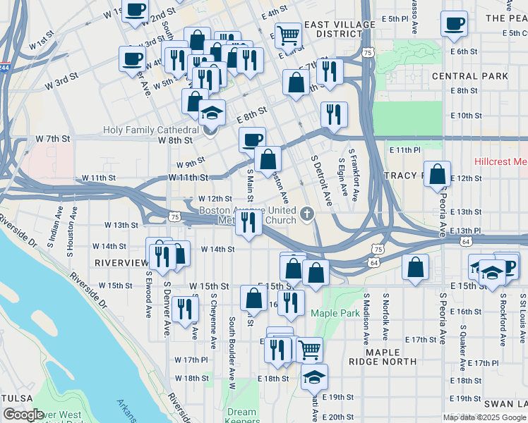 map of restaurants, bars, coffee shops, grocery stores, and more near 1224 South Baltimore Avenue in Tulsa