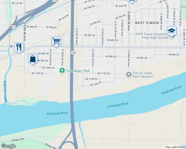 map of restaurants, bars, coffee shops, grocery stores, and more near 5339 West 11th Place in Tulsa