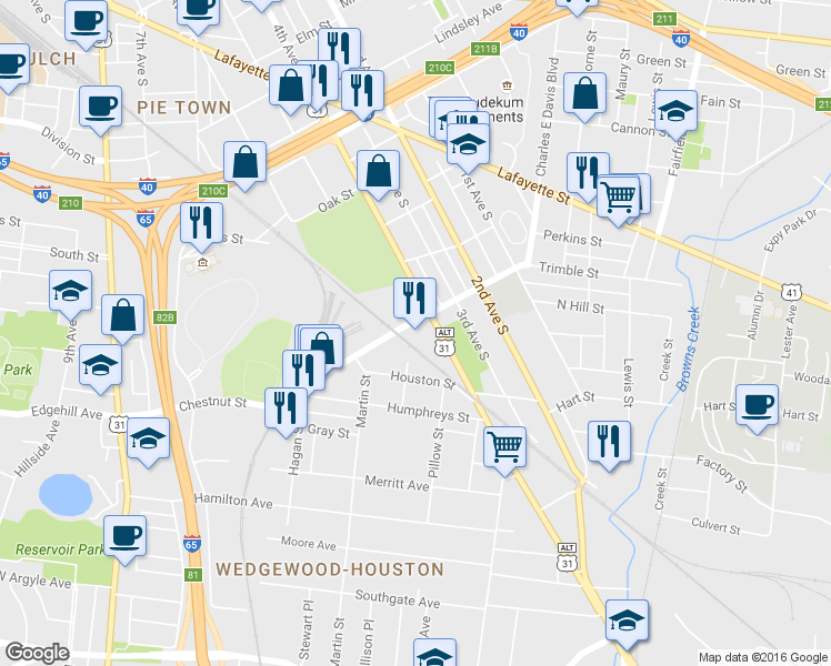 map of restaurants, bars, coffee shops, grocery stores, and more near 1209 4th Avenue South in Nashville