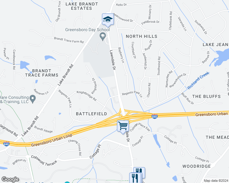 map of restaurants, bars, coffee shops, grocery stores, and more near 3200 Regents Park Lane in Greensboro